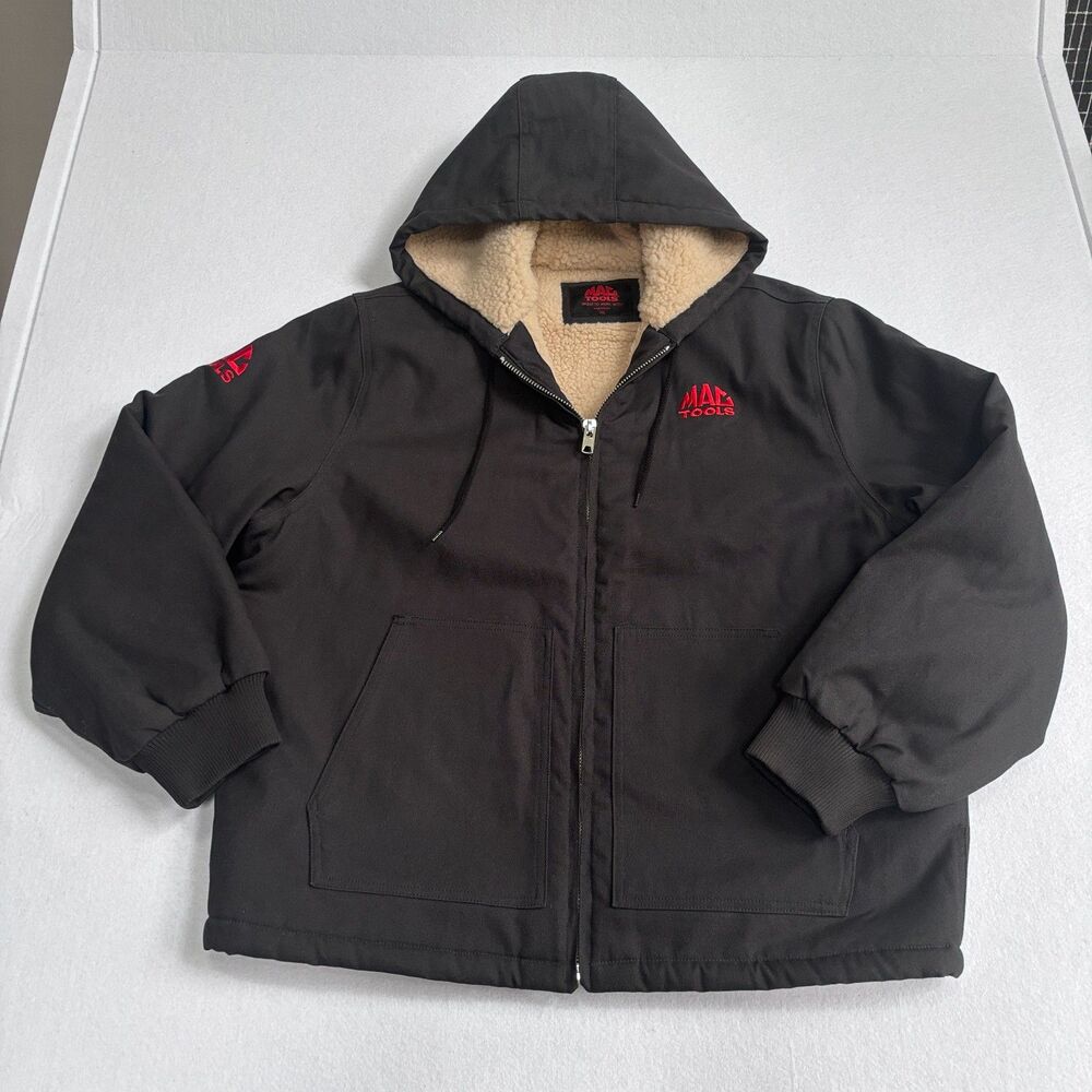 Mac Tools Canvas Work Jacket Mens XL Black Sherpa Lined Hooded Heavy Duty EUC